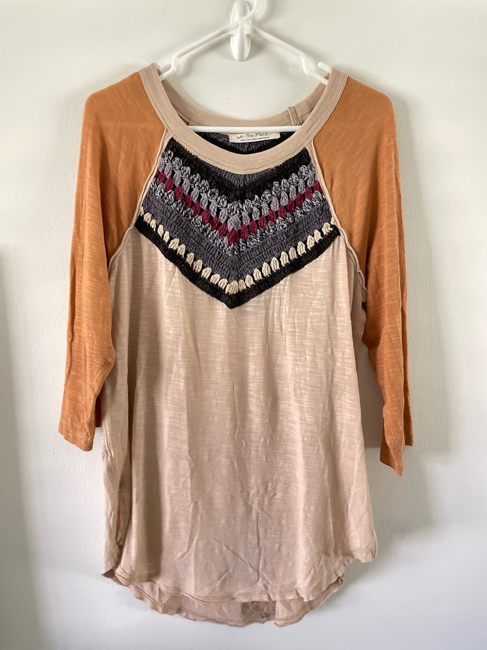 Free People Spring Bound Tee Crochet Bodice Top Shirt Boho 3/4 Sleeve Fall Color - Picture 3 of 8